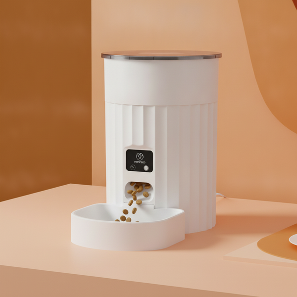 Close-up of a white Cat Automatic Pet Feeder Intelligence, showing its sleek design and food dispensing area, on a peach and 