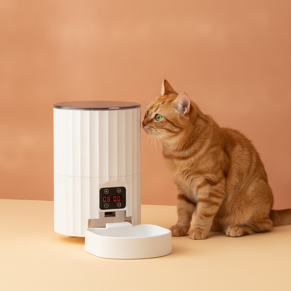 Close-up of a white automatic pet feeder, with a fluffy cat gently nudging it on an ochre surface. The feeder has button cont