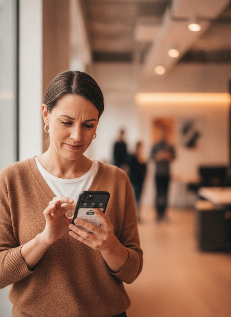 A pet parent in a busy office checks their smartphone, monitoring a pet feeder's schedule, with a focused expression.