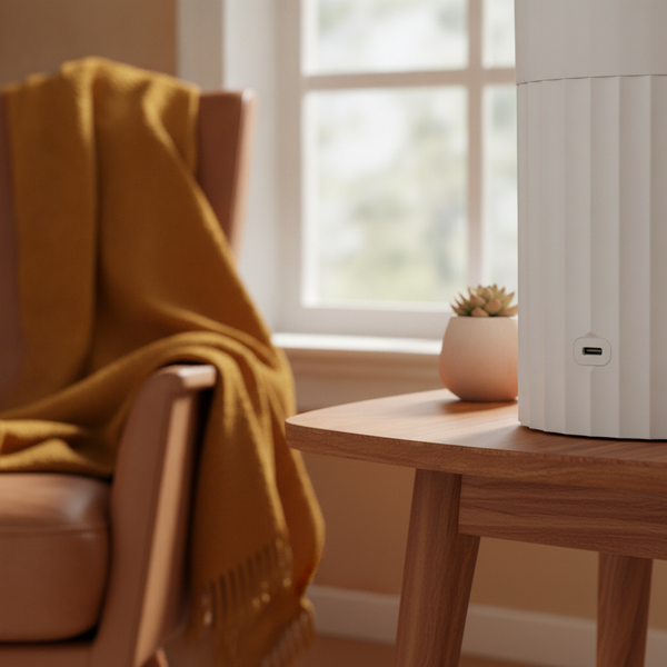 Close-up of a white automatic pet feeder, showing its USB charging port and compact design on a warm amber side table.