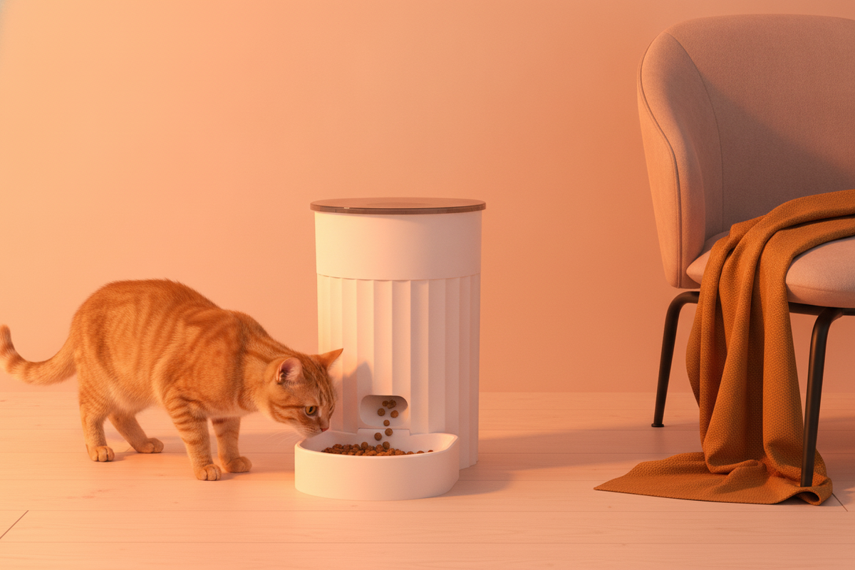 White Cat Automatic Pet Feeder Intelligence on a light wood surface, with a short-haired cat approaching it in a modern home.