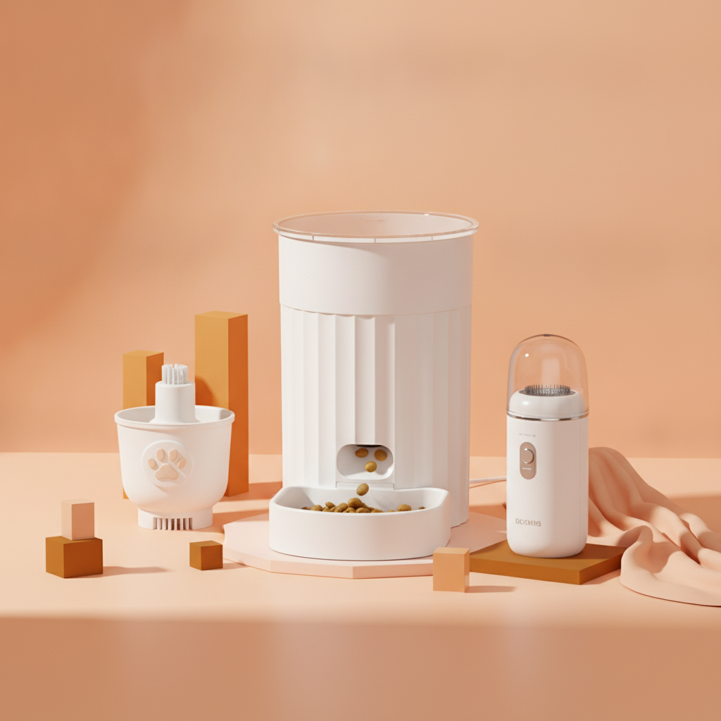 Three white pet products: an automatic feeder, a nail grinder, and a paw cleaner, arranged on a warm amber and peach surface.