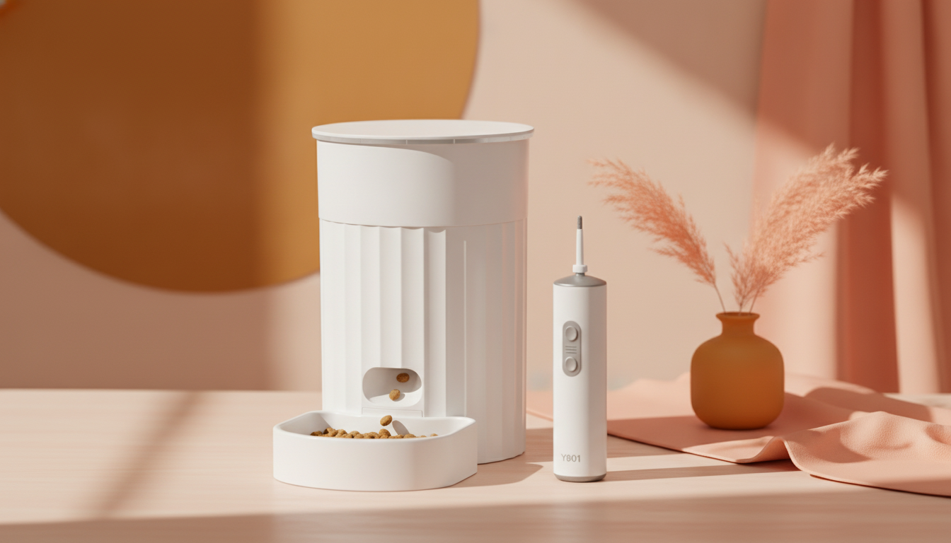 White automatic cat feeder and white dog nail grinder on a minimal surface with warm amber and soft peach accents.
