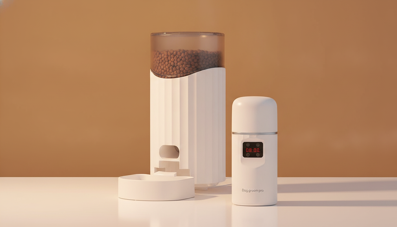 White automatic cat feeder and white dog nail grinder on a clean surface with warm amber lighting and a deep ochre background