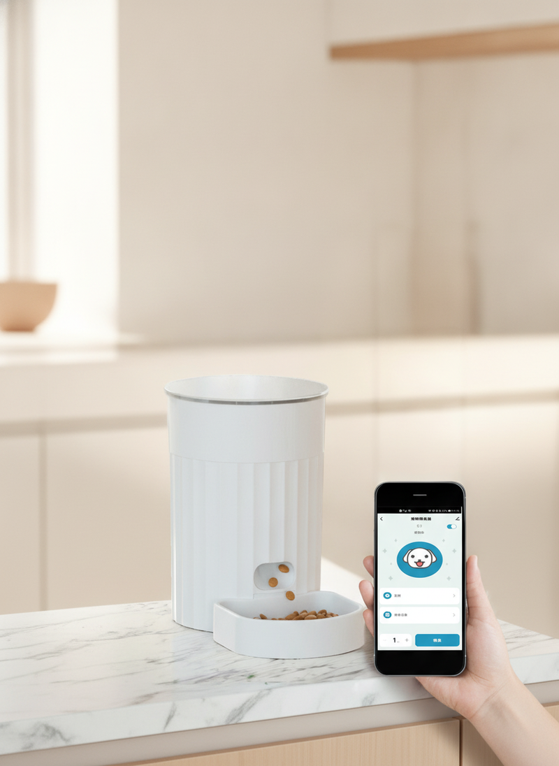 A sleek white automatic pet feeder dispensing kibble in a minimalist New York apartment kitchen, captured in a candid, natura
