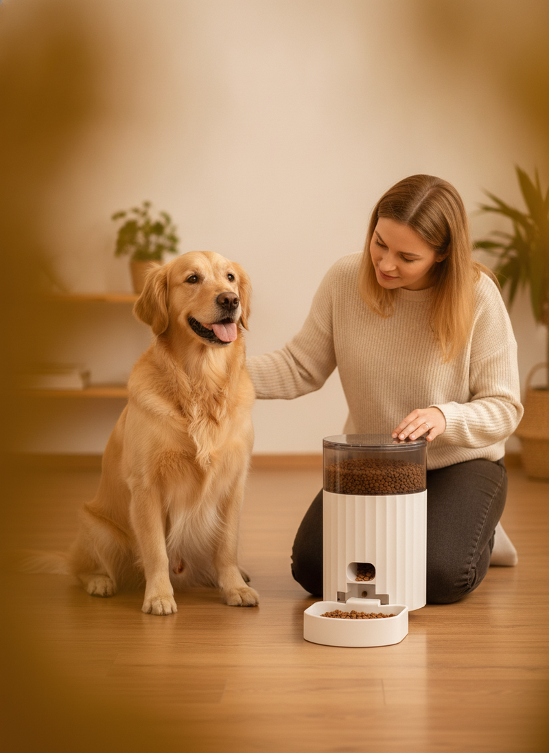 A calm Golden Retriever sits patiently as its owner uses the white Cat Automatic Pet Feeder Intelligence to dispense food.