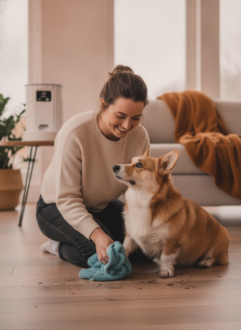 A woman quickly cleans a muddy Corgi paw after a rainy walk in Central Park, with a white automatic pet feeder in the backgro